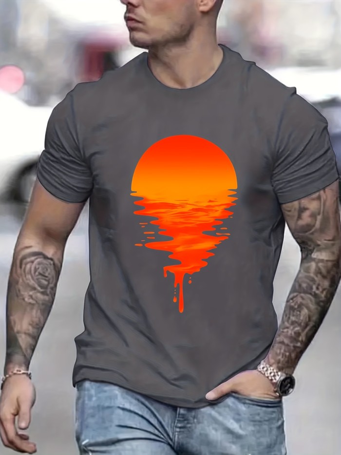 Men's Sunset Print Graphic Design Crew Neck T-shirt - Casual and Comfy Summer Tee for Daily Vacation Resorts