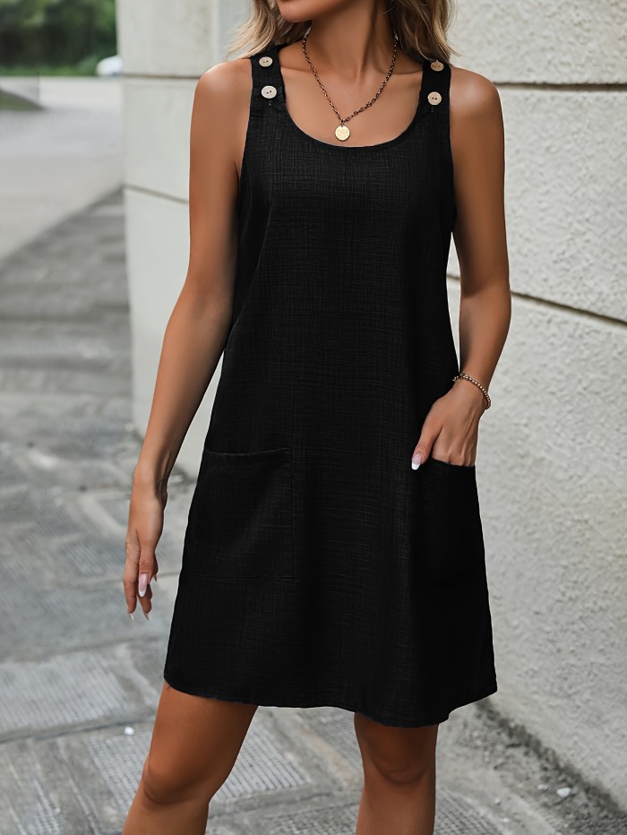 Solid Button Front Pockets Tank Dress, Casual Sleeveless Dress For Spring & Summer, Women's Clothing