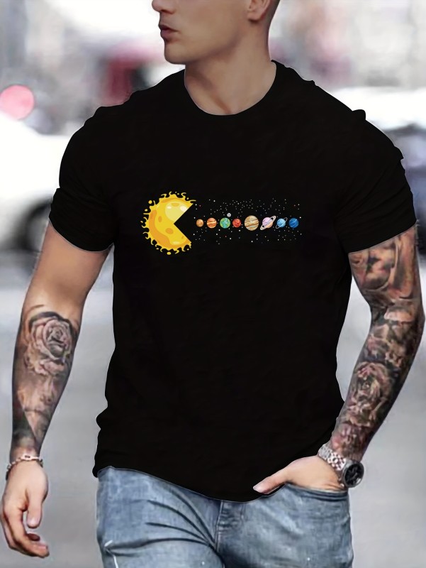 Solar System Planets Print Tees For Men, Casual Quick Drying Breathable T-Shirt, Short Sleeve T-shirt For Running Training, All Seasons