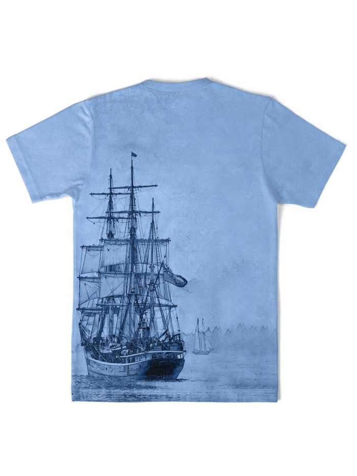 Tees For Men, Galleon Sailing Ship Print T Shirt, Casual Short Sleeve Tshirt For Summer Spring Fall, Tops As Gifts