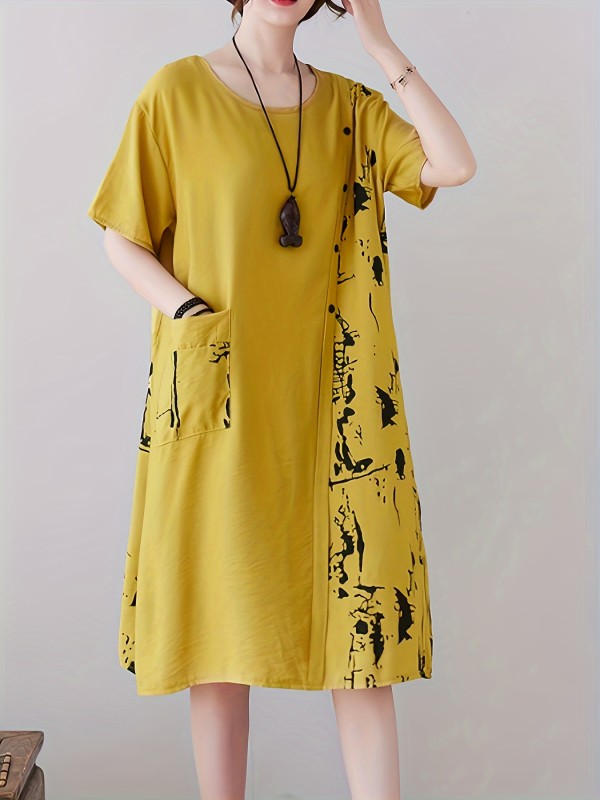 Abstract Print Button Pocket Dress - Casual Crew Neck Short Sleeve Loose Dress for Women