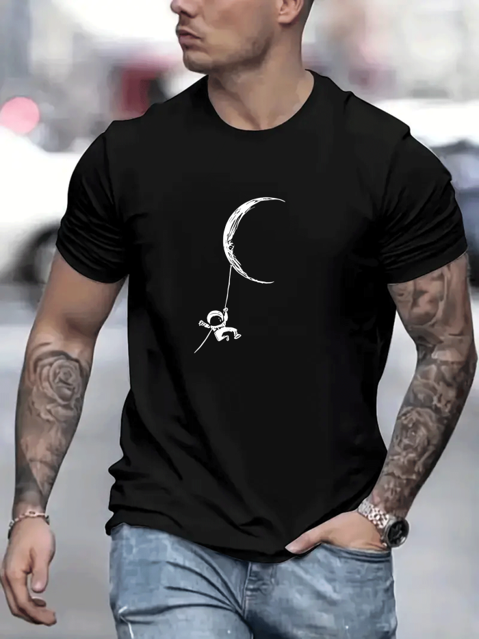 Astronaut and Moon Print Men's Graphic T-Shirt - Casual and Comfy Summer Tee