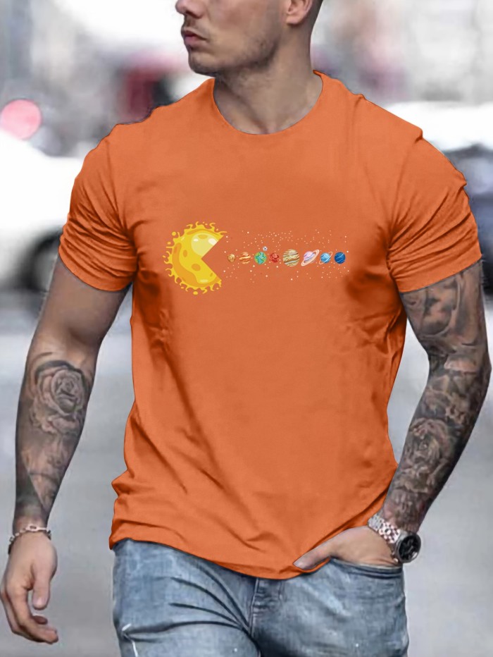Solar System Planets Print Tees For Men, Casual Quick Drying Breathable T-Shirt, Short Sleeve T-shirt For Running Training, All Seasons