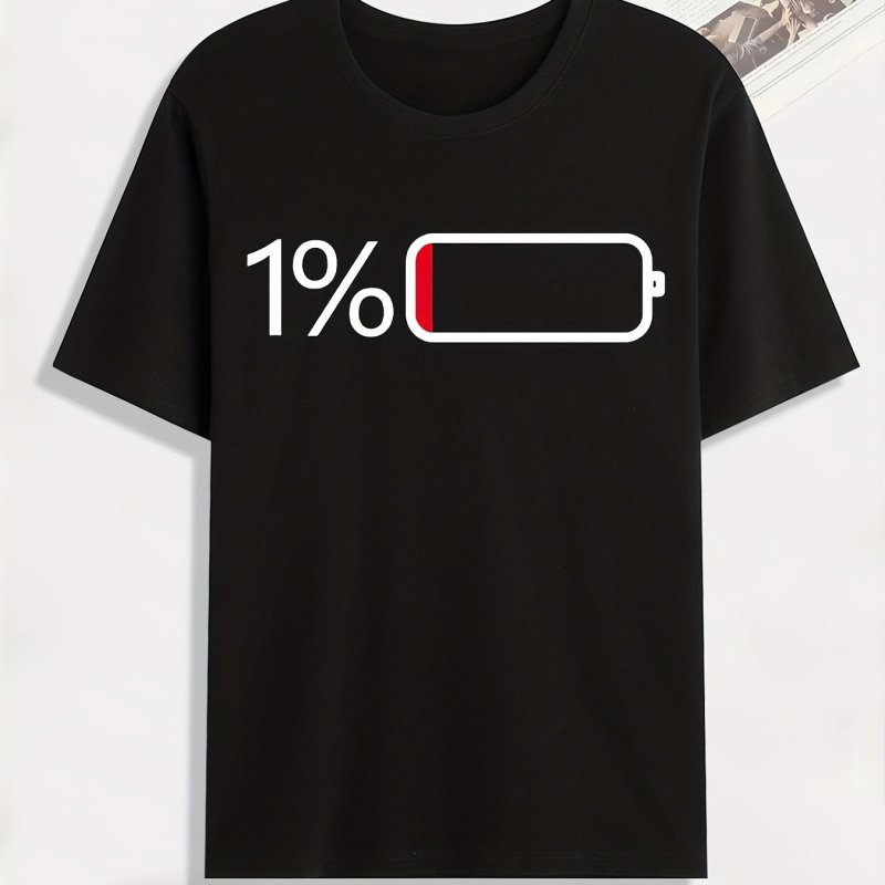 Battery Low Print T Shirt for Men - Casual Short Sleeve Tee for Summer and Fall - Unique Gift Idea