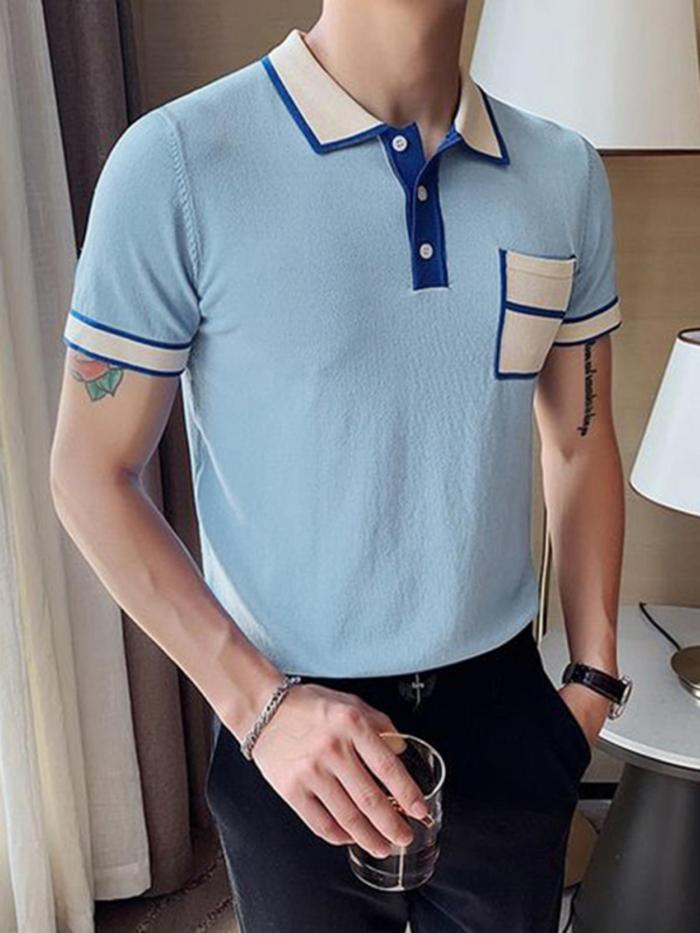 Men's Color Block Short Sleeve Button Up Lapel T-Shirt With Chest Pocket, Suit For Summer Daily