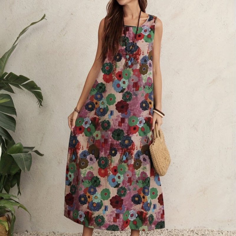 Floral Print Crew Neck Maxi Dress, Casual Sleeveless Tank Dress For Summer, Women's Clothing