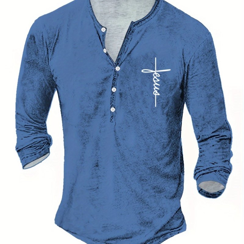 Letter Print Men's Retro Long Sleeve Henley Shirt, Spring Fall, Men's Casual Top
