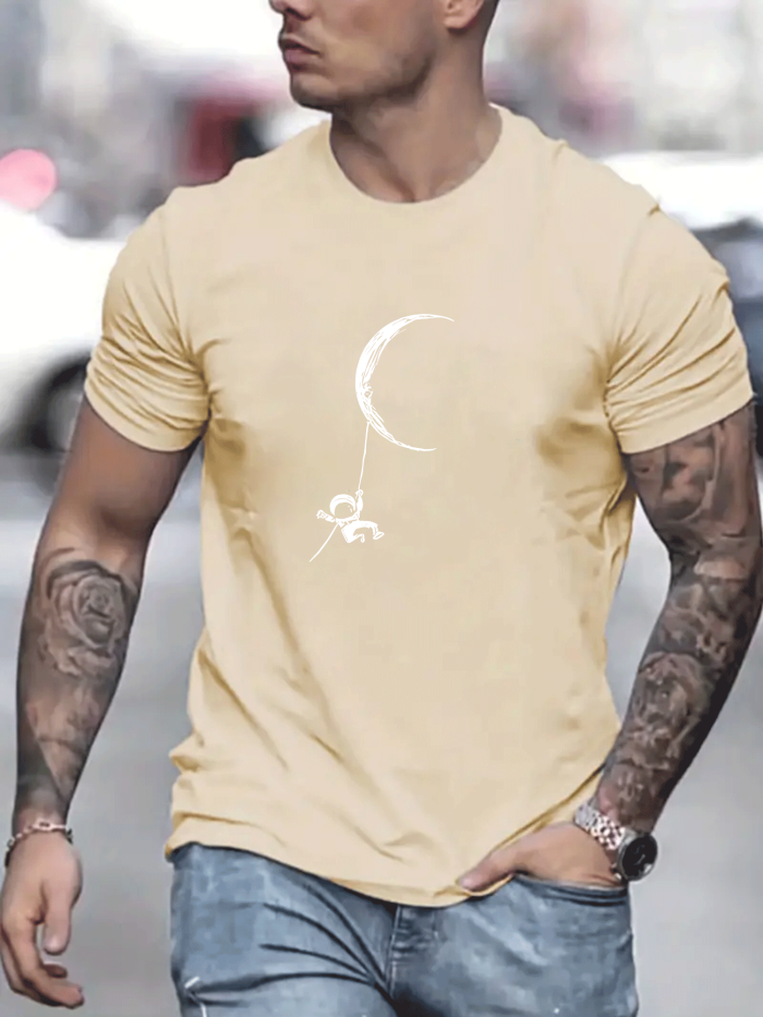 Astronaut and Moon Print Men's Graphic T-Shirt - Casual and Comfy Summer Tee
