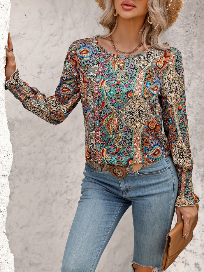 Paisley Print Crew Neck Blouse, Elegant Shirred Long Sleeve Top For Spring & Fall, Women's Clothing