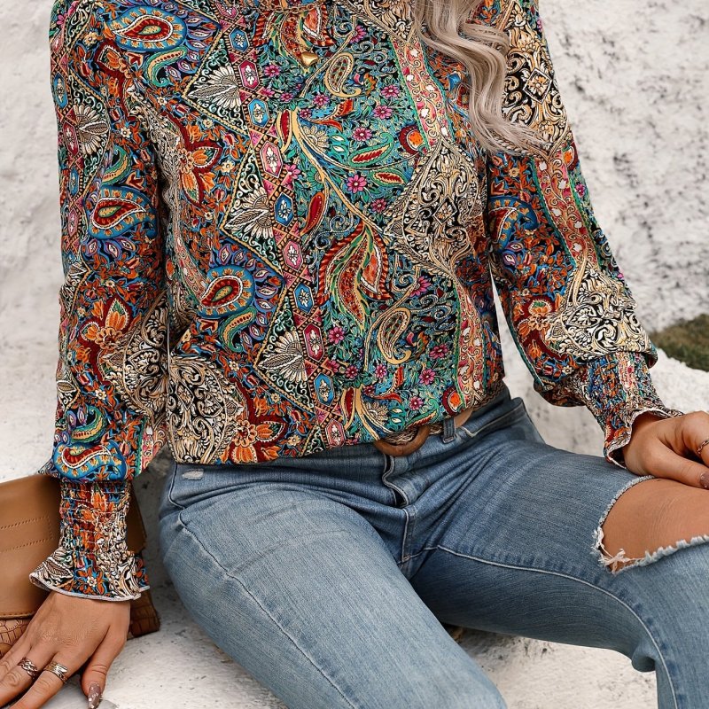 Paisley Print Crew Neck Blouse, Casual Long Sleeve Blouse For Spring & Fall, Women's Clothing