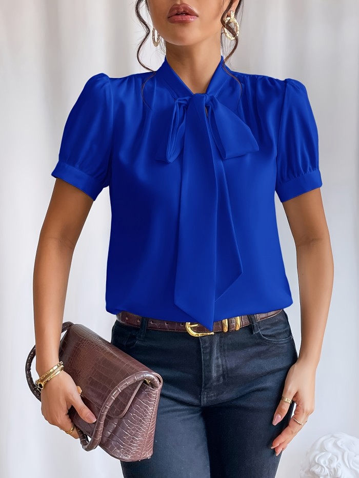 Solid Color Stand Neck Blouse, Elegant Short Sleeve Bow Front Blouse For Spring & Summer, Women's Clothing