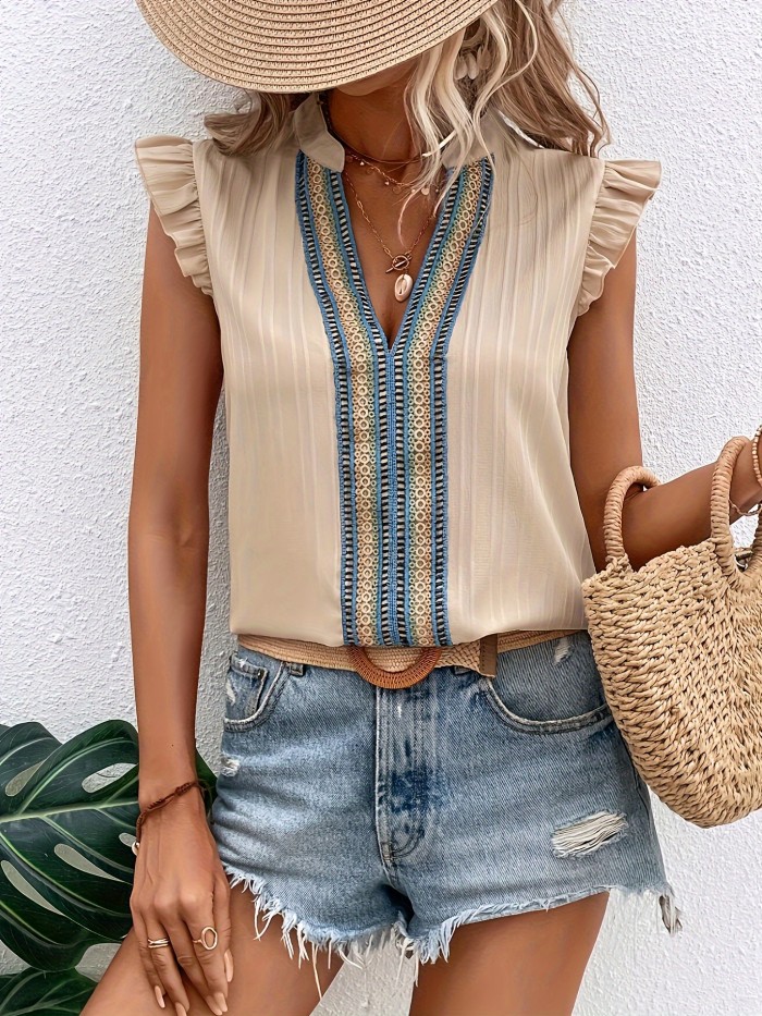 Contrast Lace Notch Neck Blouse, Vacation Ruffle Trim Sleeveless Blouse For Spring & Summer, Women's Clothing