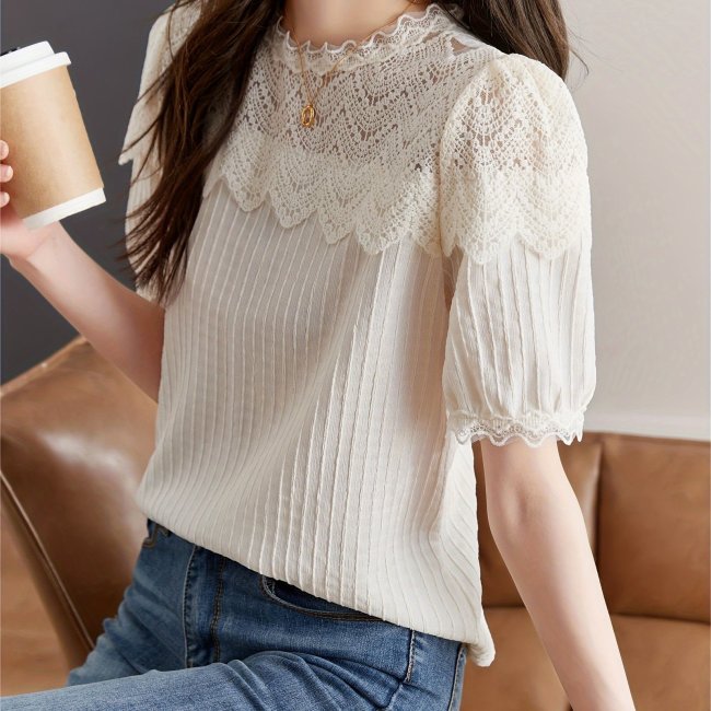 Cream Short Sleeve Lace Blouse main image 1