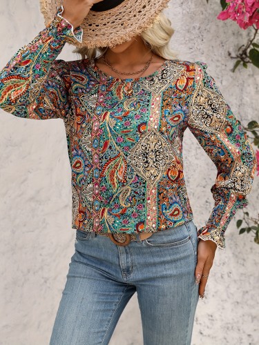 Paisley Print Crew Neck Blouse, Casual Long Sleeve Blouse For Spring & Fall, Women's Clothing