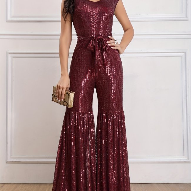 Women's V-Neck Printed Flared Leg Fusion Jumpsuit