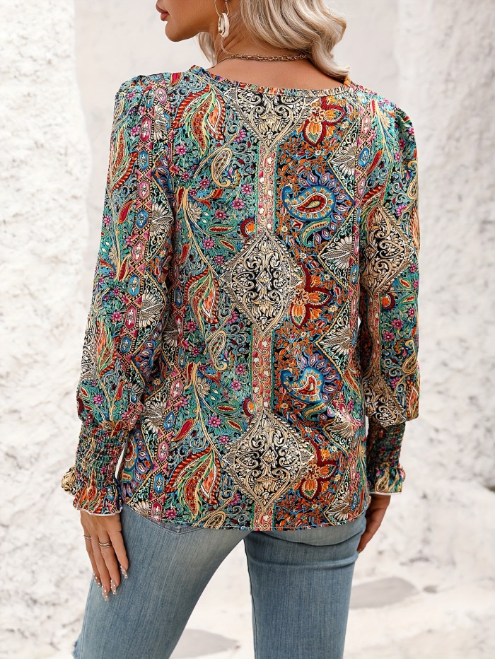 Paisley Print Crew Neck Blouse, Elegant Shirred Long Sleeve Top For Spring & Fall, Women's Clothing