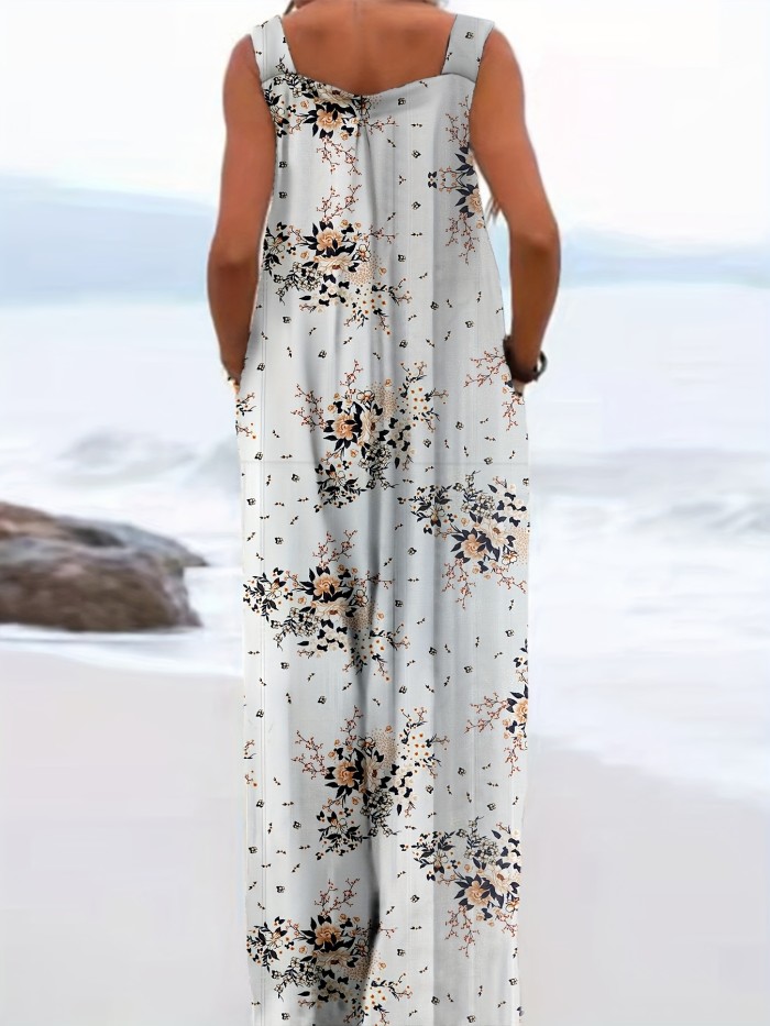 Plus Size Floral Print Overall Jumpsuit, Casual Wide Leg Overall Jumpsuit For Spring & Summer, Women's Plus Size Clothing