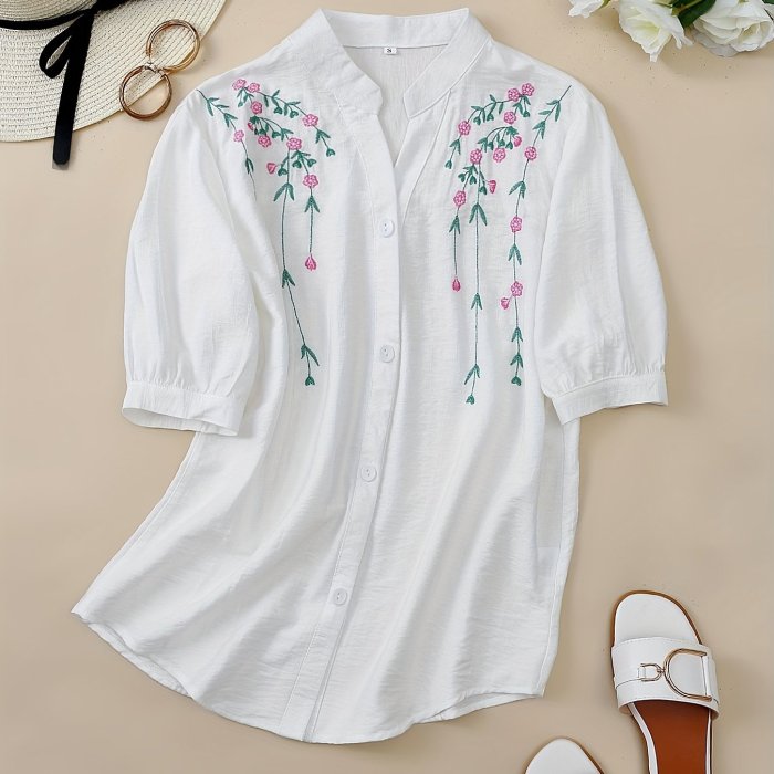 Button Front Embroidered Blouse, Casual Short Sleeve Blouse For Spring & Summer, Women's Clothing