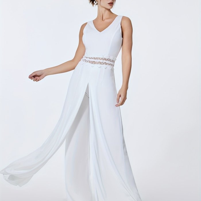 Women's Solid Sleeveless Jumpsuit with Overskirts and V-Neck Lace Splicing - Casual and Long Length