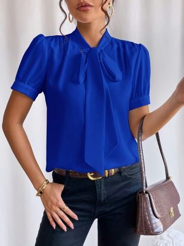Solid Color Stand Neck Blouse, Elegant Short Sleeve Bow Front Blouse For Spring & Summer, Women's Clothing