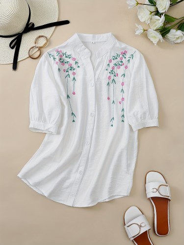 Button Front Embroidered Blouse, Casual Short Sleeve Blouse For Spring & Summer, Women's Clothing