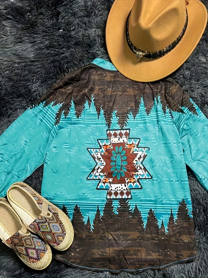 Aztec Geo Print Button Front Shirt, Elegant Long Sleeve Shirt For Spring & Fall, Women's Clothing
