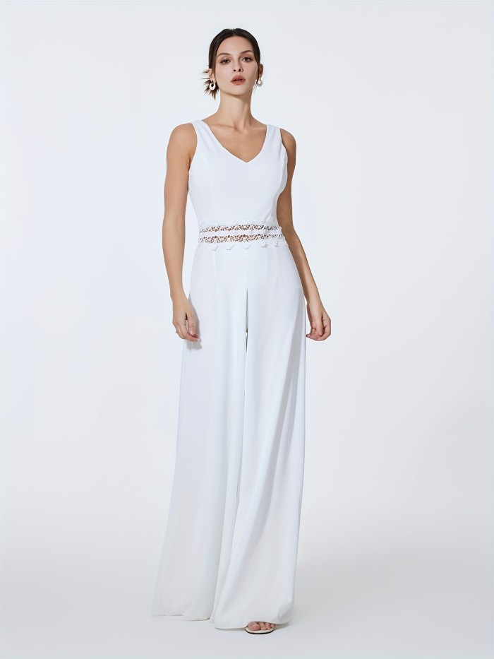 Women's Solid Sleeveless Jumpsuit with Overskirts and V-Neck Lace Splicing - Casual and Long Length