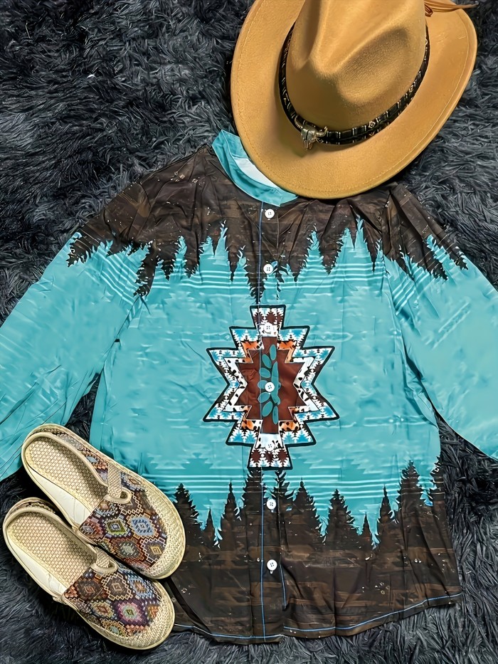 Aztec Geo Print Button Front Shirt, Elegant Long Sleeve Shirt For Spring & Fall, Women's Clothing