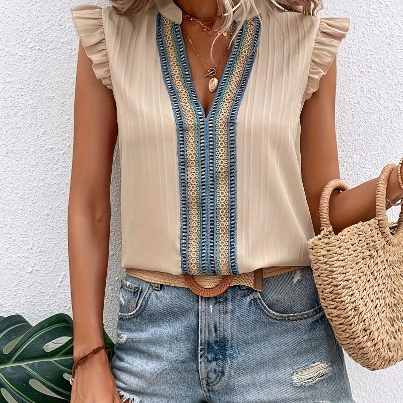 Contrast Lace Notch Neck Blouse, Vacation Ruffle Trim Sleeveless Blouse For Spring & Summer, Women's Clothing