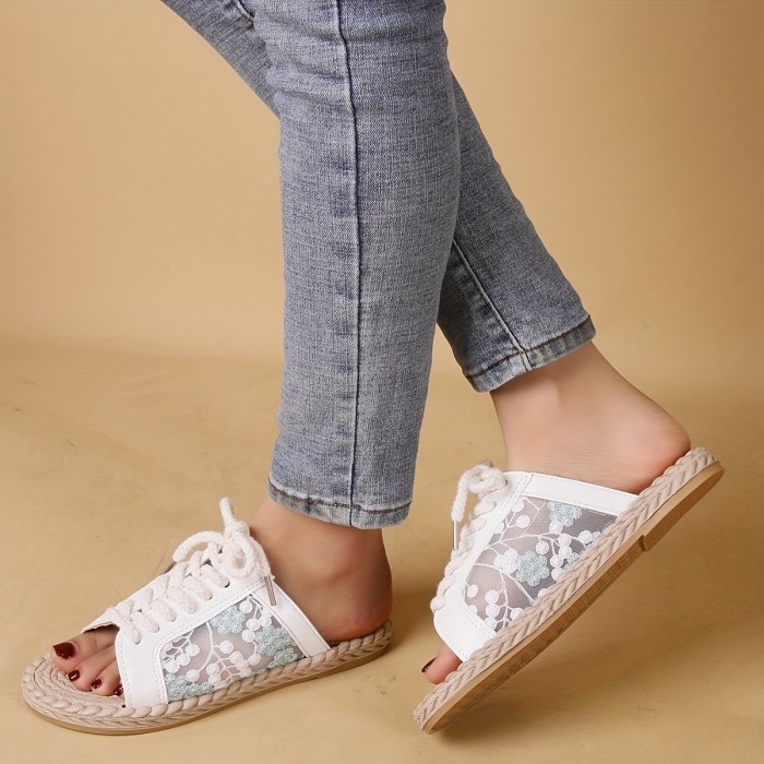 Women's Flower Pattern Slide Sandals, Casual Open Toe Summer Shoes, Lightweight Lace Up Slide Sandals