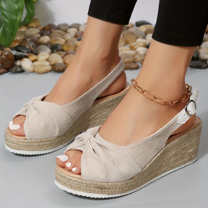 Women's Comfortable Wedge Sandals with Bowknot Decor and Peep Toe - Casual Buckle Strap Espadrille Shoes