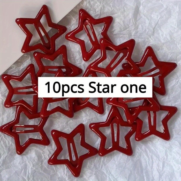 10 Pcs\u002FSet Red Star Waterdrop Shaped Snap Hair Clips Simple Hollow Forehead Broken Hair Clip Sweet Side Bangs Fixed BB Clip