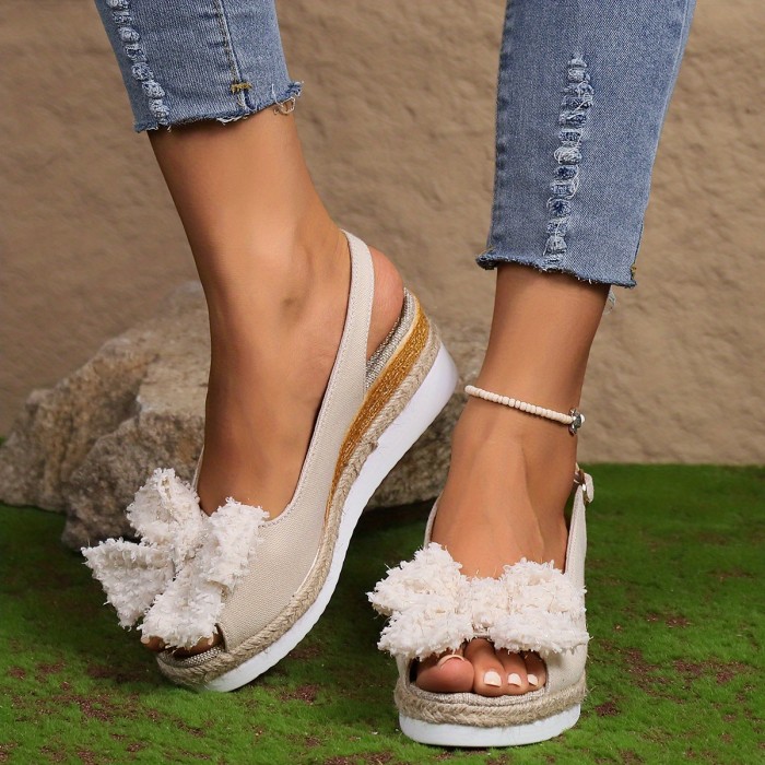 Women's Bowknot Wedge Sandals, Peep Toe Espadrille Slingback Shoes, Casual Platform Sandals