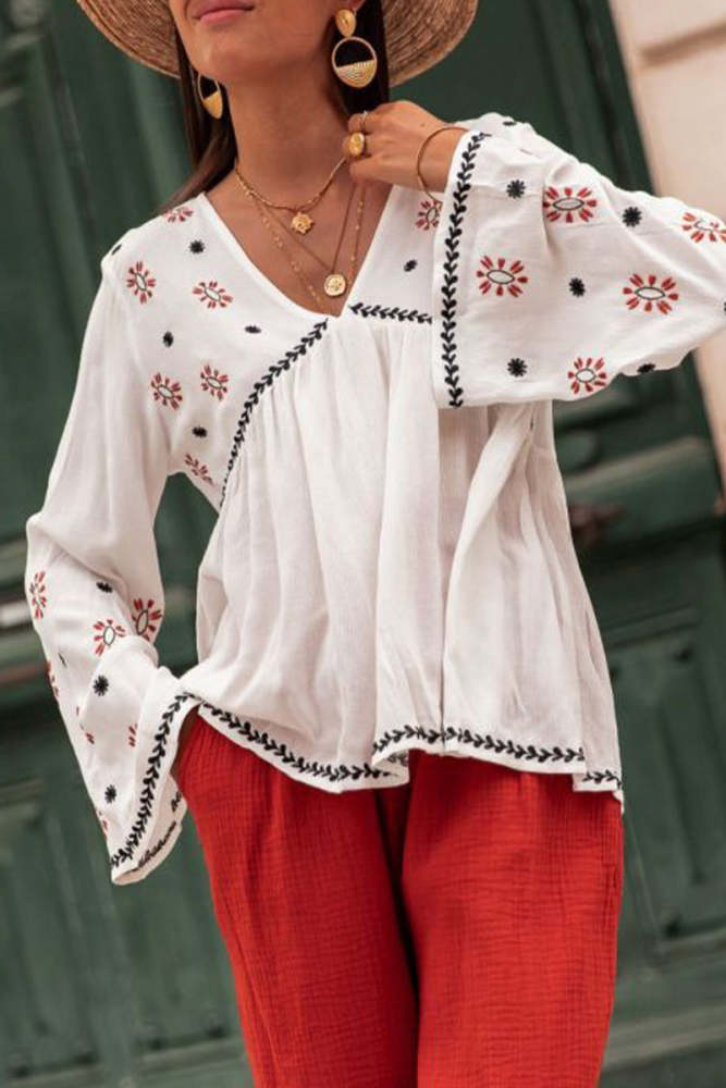 Casual Geometric Print Patchwork V Neck Tops