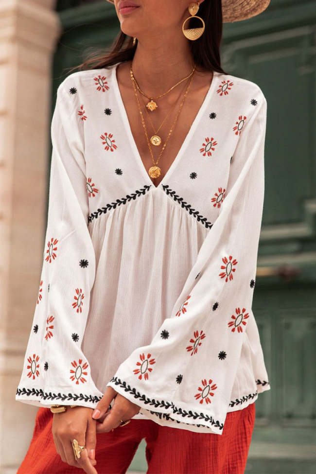 Casual Geometric Print Patchwork V Neck Tops