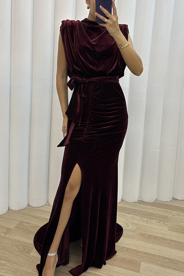 Milan Muse Velvet Padded Shoulder Ruched Belt Slit Maxi Dress