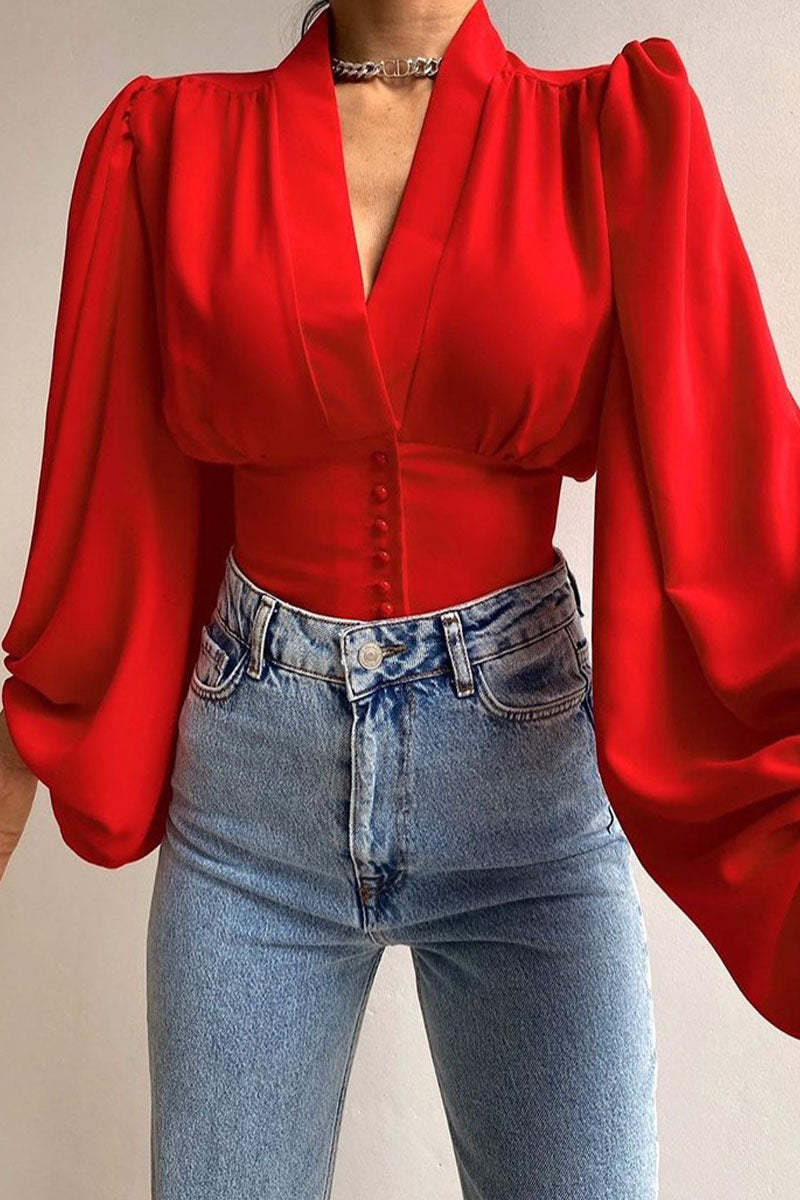 Casual Solid Patchwork Buckle V Neck Tops(7 colors) main image 0
