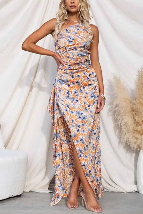 Elegant One-Shoulder Floral Draped Ruched Maxi Dress main image 0