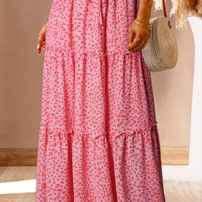 Boho Leopard Print Ruffle Hem Tiered Skirt, Drawstring Layered Skirt For Spring & Summer, Women's Clothing