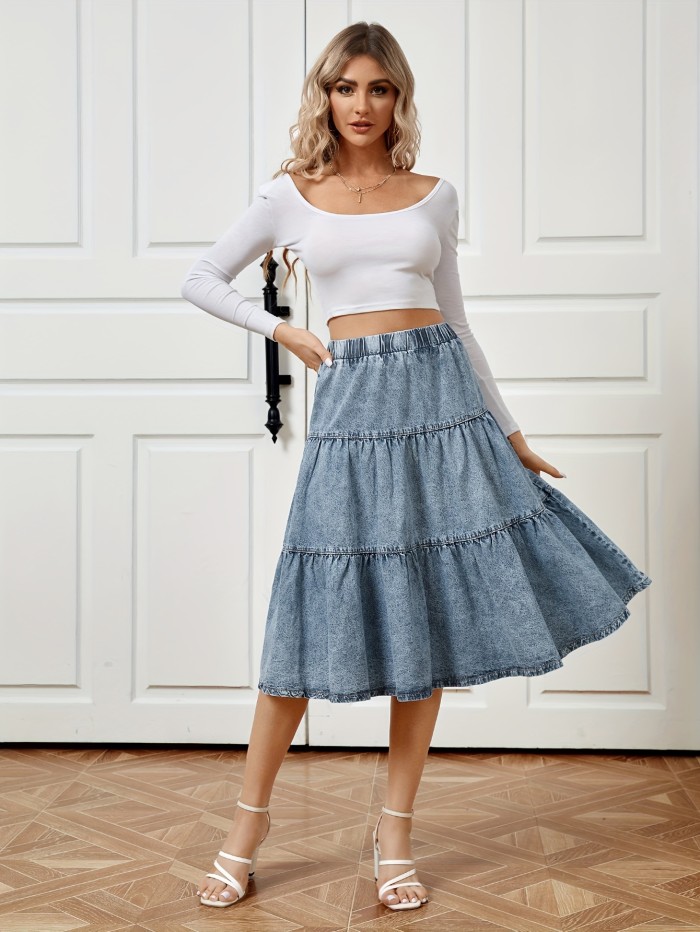 Women's Blue Elastic Waist Denim Midi Skirt with Ruffle Hem - Comfortable and Stylish Casual Denim Clothing