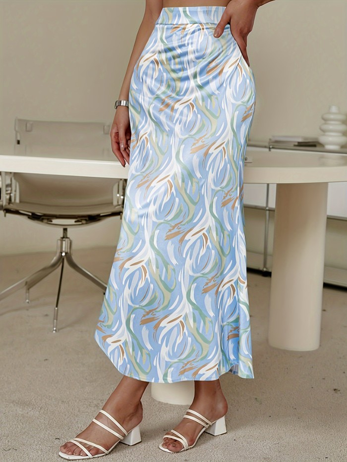 Allover Print High Waist Bodycon Skirt, Casual Ruffle Hem Midi Skirt, Women's Clothing