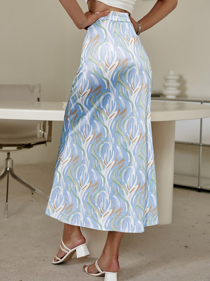 Allover Print High Waist Bodycon Skirt, Casual Ruffle Hem Midi Skirt, Women's Clothing
