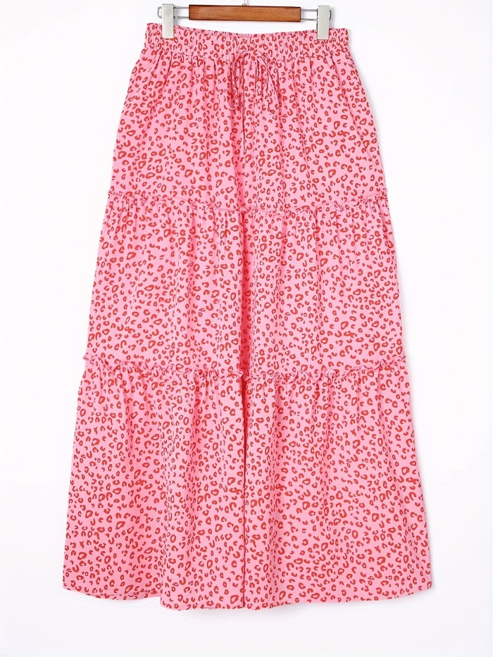 Boho Leopard Print Ruffle Hem Tiered Skirt, Drawstring Layered Skirt For Spring & Summer, Women's Clothing