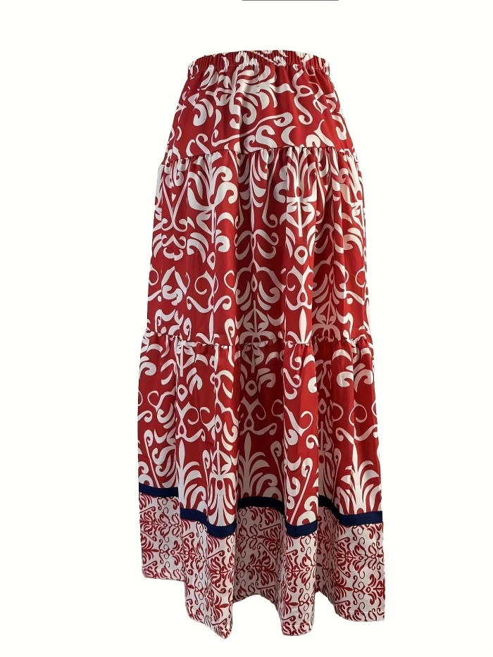 Boho Tribal Print Ruffle Hem Maxi Skirt - Elastic Waist Women's Clothing