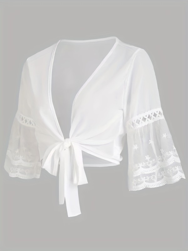 Knotted Flared Sleeve Blouse, Elegant Solid Open Front Blouse, Women's Clothing For Coquette\u002FCute\u002FY2K Style