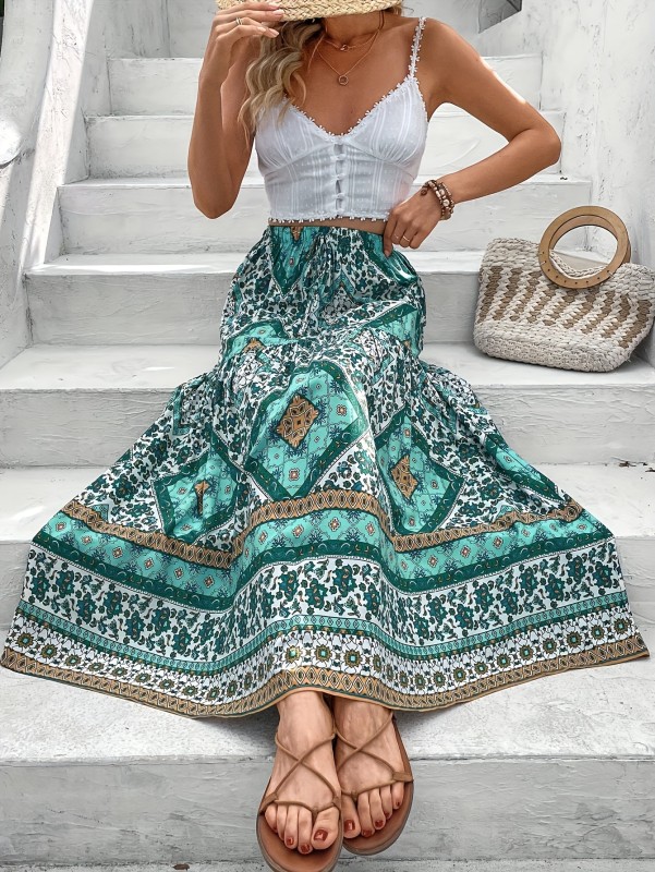 Ethnic Floral Print High Waist Skirt, Vacation Style Maxi Skirt For Spring & Summer, Women's Clothing