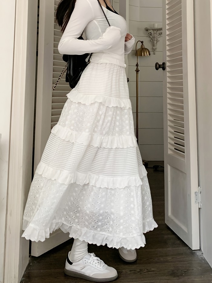 Solid Eyelet Patchwork Layer Ruffle Skirt, Cute Elastic High Waist A-line Below Knee Skirt, Women's Clothing