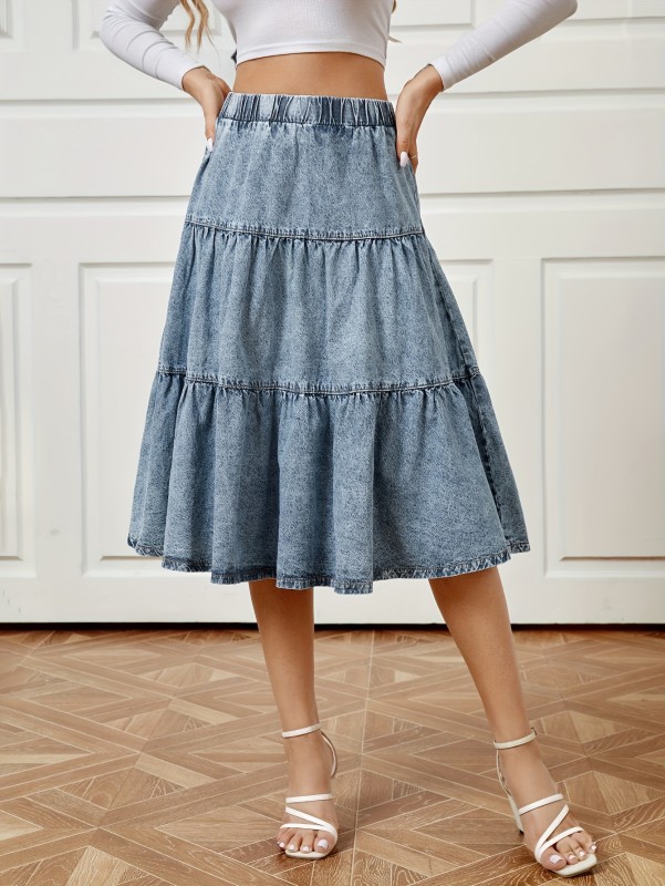 Women's Blue Elastic Waist Denim Midi Skirt with Ruffle Hem - Comfortable and Stylish Casual Denim Clothing