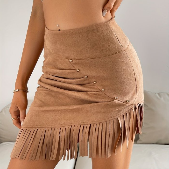 Elegant Solid Tassel Ruched Beaded Bodycon Skirt for Women - Perfect for Spring & Summer