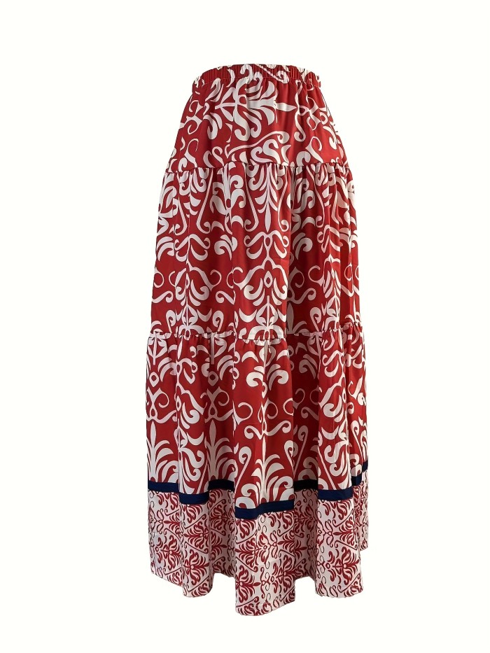 Boho Tribal Print Ruffle Hem Maxi Skirt - Elastic Waist Women's Clothing